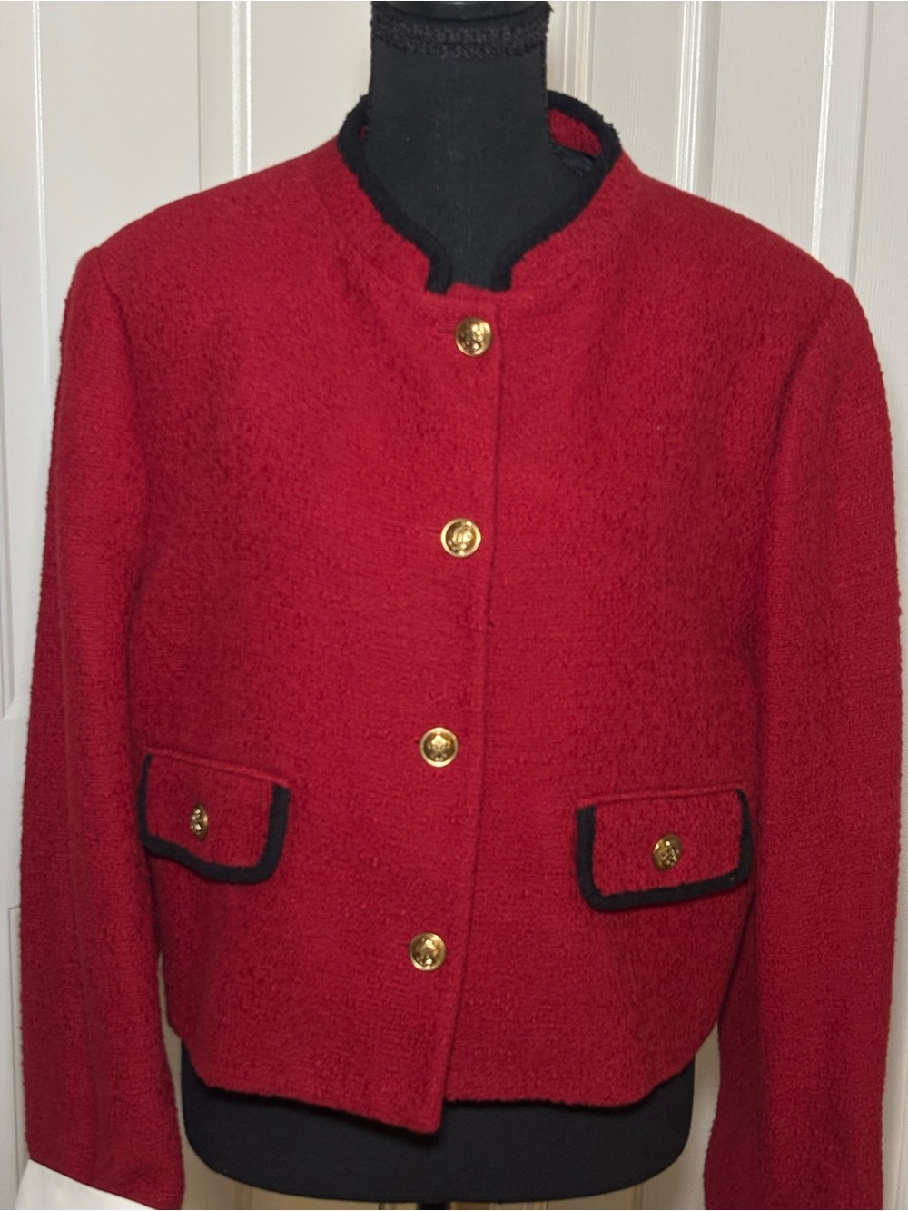 Zara Red Bouclé Blazer with Black Trim and Gold Buttons